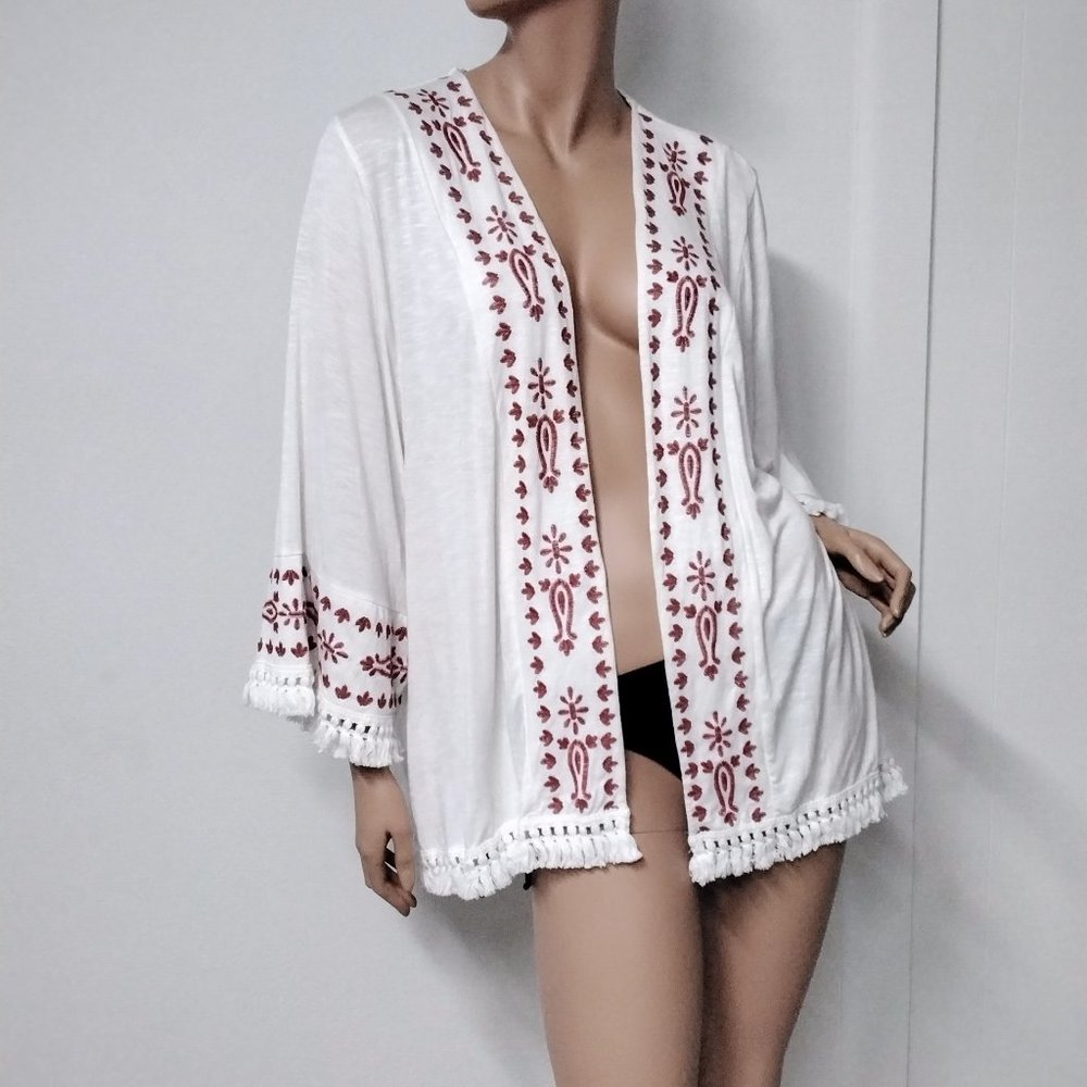 Knox Rose Boho open Front Knit Cardigan Size Large L Ivory Embroidered Flowy 010